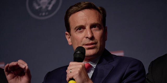 Nevada Republican US Senate candidate Adam Laxalt speaks during a panel on policing and security prior to former President Donald Trump giving remarks at Treasure Island hotel and casino in Las Vegas on July 8, 2022.