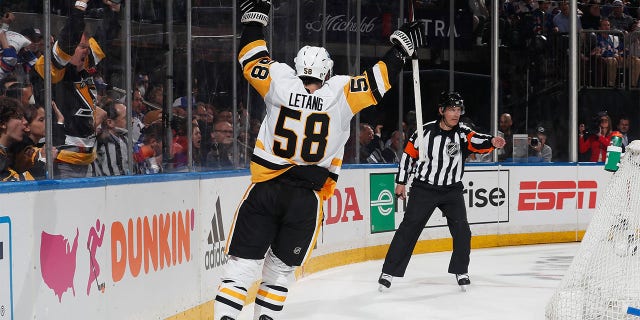 Kris Letang of the Pittsburgh Penguins celebrates his against the New York Rangers during the Stanley Cup Playoffs at Madison Square Garden on May 11, 2022, in New York City.