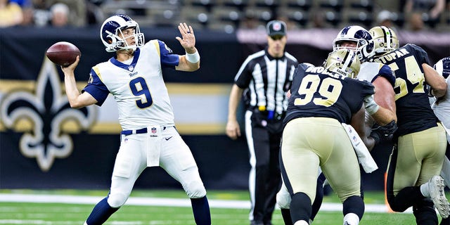 Luis Perez #9 of the Los Angeles Rams throws a pass during a game against the New Orleans Saints at Mercedes-Benz Superdome during week 4 of the preseason on August 30, 2018 in New Orleans, Louisiana.  The Saints defeated the Rams 28-0. 