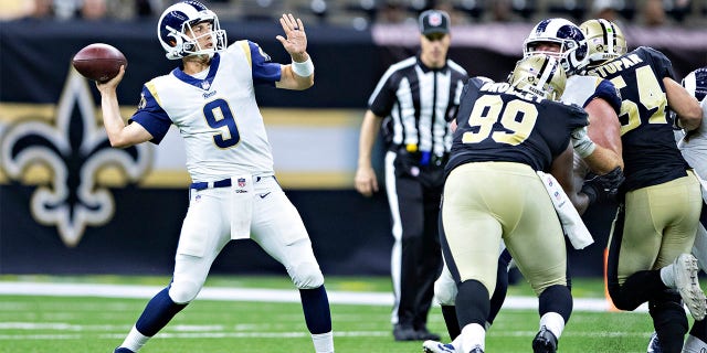 Luis Perez #9 of the Los Angeles Rams throws a pass during a game against the New Orleans Saints at Mercedes-Benz Superdome during week 4 of the preseason on August 30, 2018 in New Orleans, Louisiana. The Saints defeated the Rams 28-0.