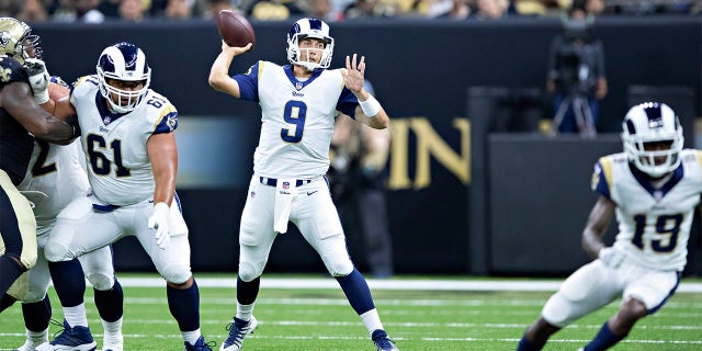 Luis Perez #9 of the Los Angeles Rams throws a pass during a game against the New Orleans Saints at Mercedes-Benz Superdome during week 4 of the preseason on Aug. 30, 2018 in New Orleans, Louisiana. The Saints defeated the Rams 28-0.