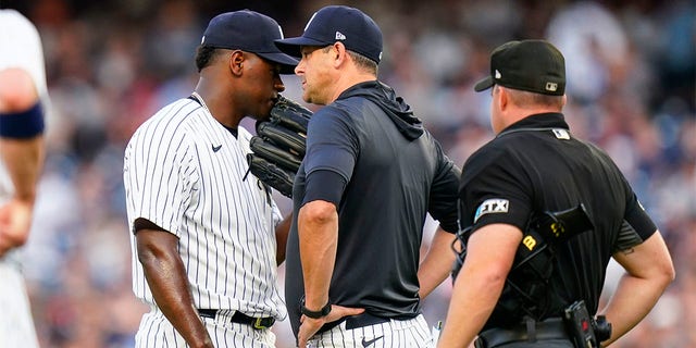 New York Yankees starting pitcher Luis Severino, left, talks to manager Aaron Boone during the second inning of the team's baseball game against the Cincinnati Reds on Wednesday, July 13, 2022, in New York. 