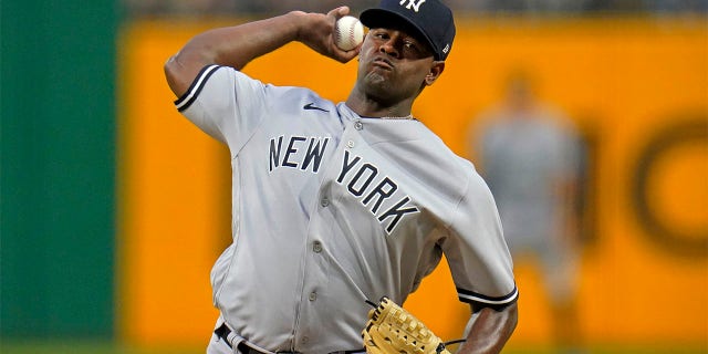 New York Yankees starting pitcher Luis Severino delivers during the first inning of the team's baseball game against the Pittsburgh Pirates in Pittsburgh, Wednesday, July 6, 2022.