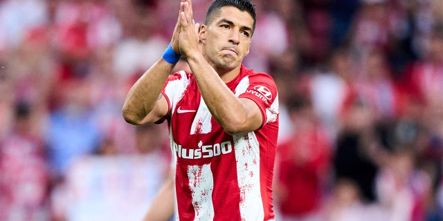 Luis Suarez of Club Atletico de Madrid reacts during the LaLiga Santander match between Club Atletico de Madrid and Sevilla FC at Estadio Wanda Metropolitano on May 15, 2022 in Madrid, Spain.