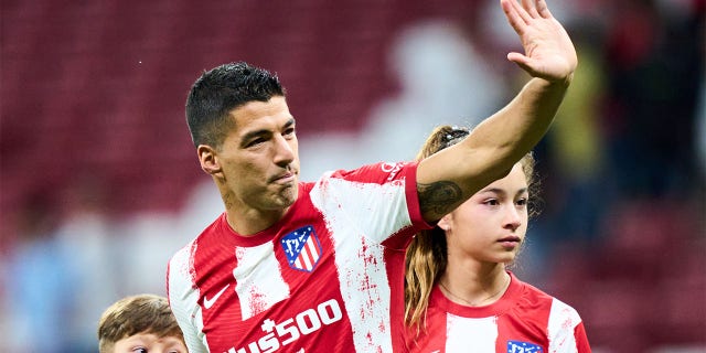 Luis Suarez of Atletico Madrid interacts with the crowd following the LaLiga Santander match between Club Atletico de Madrid and Sevilla FC at Estadio Wanda Metropolitano on May 15, 2022 in Madrid, Spain.