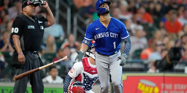 Kansas City Royals' MJ Melendez (1) watches his solo home run during the eighth inning of a baseball game against the Houston Astros, Monday, July 4, 2022, in Houston. 