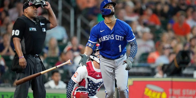 Kansas City Royals' MJ Melendez (1) watches his solo home run during the eighth inning of a baseball game against the Houston Astros, Monday, July 4, 2022, in Houston. 