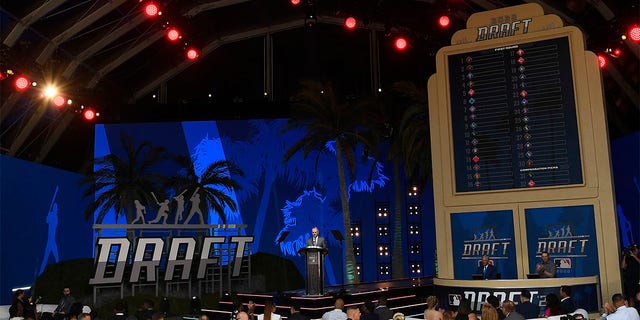 Robert Manfred, commissioner of Major League Baseball, opens the 2022 MLB Draft at XBOX Plaza on July 17, 2022 in Los Angeles, California. 