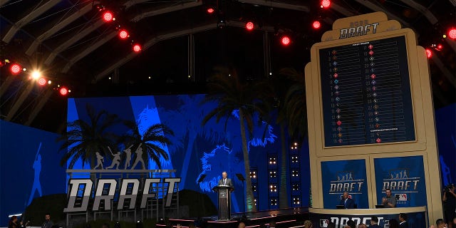 Robert Manfred, commissioner of Major League Baseball, opens the 2022 MLB Draft at XBOX Plaza on July 17, 2022 in Los Angeles, California.