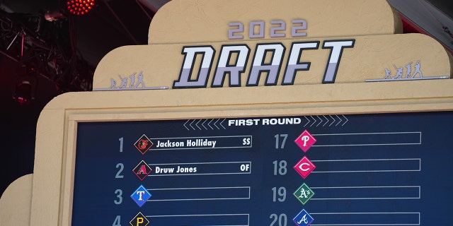 A view of the draft board after the selection of Druw Jones as the second pick overall during the 2022 Major League Baseball Draft at L.A. Live on Sunday, July 17, 2022 in Los Angeles, California.