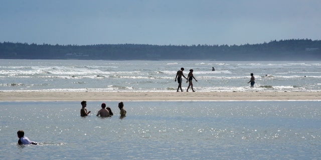 People walk in the shallow water at Popham Beach State Park, where bathers were told to only go in the water ankle deep because of a recent shark attack and subsequent shark sightings off the Maine coast.