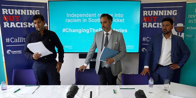 From left, cricketer Majid Haque, lawyer Aamer Anwar and cricketer Qasim Sheikh arrive for a press conference at the Stirling Court Hotel, Stirling, Scotland, Monday, July 25, 2022.  Scottish cricket's leadership was found to be institutionally racist.  The review that followed similar findings within the English game dealt another blow to the game.  The review was published on Monday after a six-month investigation into allegations leveled by Scotland's all-time leading wicket-taker Majid Haque and his former teammate Qasim Shaikh.  