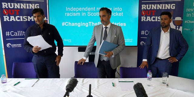 From left, cricketer Majid Haq, lawyer Aamer Anwar and cricketer Qasim Sheikh arrive for a press conference at the Stirling Court Hotel, Stirling, Scotland, Monday, July 25, 2022. The leadership of Scottish cricket was found to be institutionally racist following an independent review that dealt another blow to the sport after similar findings within the English game. The review was published Monday after a six-month investigation sparked by allegations by Scotland’s all-time leading wicket-taker, Majid Haq, and his former teammate Qasim Sheikh.  