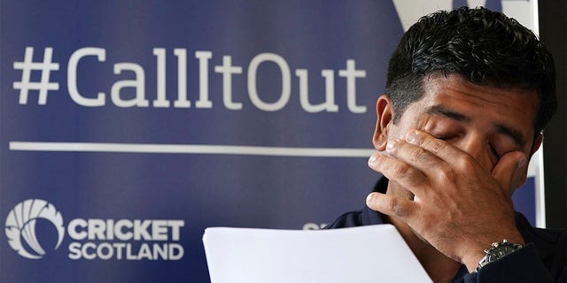 Majid Haq reacts during a press conference at the Stirling Court Hotel, Stirling, Scotland, Monday, July 25, 2022. The leadership of Scottish cricket was found to be institutionally racist following an independent review that dealt another blow to the sport after similar findings within the English game. The review was published Monday after a six-month investigation sparked by allegations by Scotland’s all-time leading wicket-taker, Majid Haq, and his former teammate Qasim Sheikh.