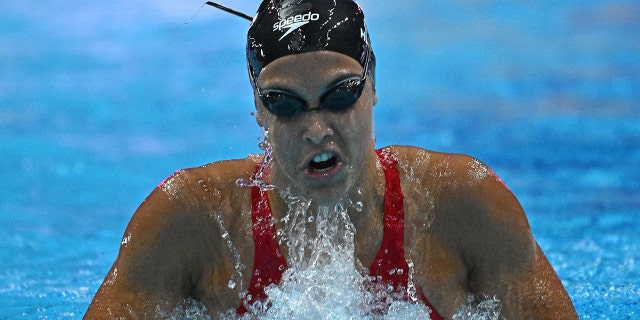 Canada's Mary-Sophie Harvey competes in the women's 200m medley semifinals during the Budapest 2022 World Aquatics Championships at Duna Arena in Budapest on June 18, 2022.