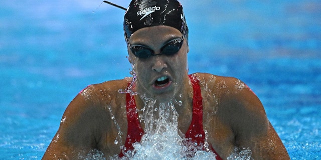 Marie-Sophie Harvey of Canada participates in the women's 200m medley semifinals during the Budapest 2022 World Aquatics Championships at Duna Arena in Budapest on June 18, 2022.