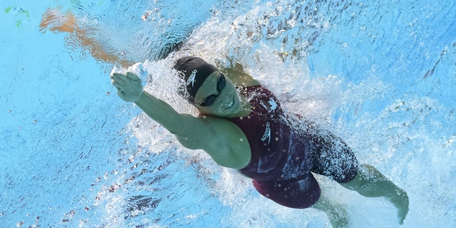 Canada's Mary-Sophie Harvey competes in the women's 200m medley semifinals during the Budapest 2022 World Aquatics Championships at Duna Arena in Budapest on June 18, 2022.