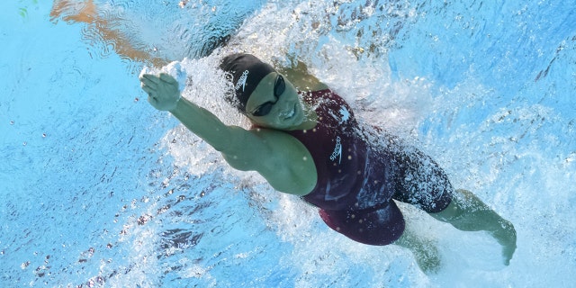 Canada's Mary-Sophie Harvey competes in the women's 200m medley semifinals during the Budapest 2022 World Aquatics Championships at Duna Arena in Budapest on June 18, 2022.