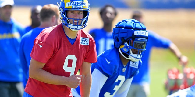 Matthew Stafford #9 of the Los Angeles Rams participates in practice during a mini camp on June 7, 2022 at the team's facility at California Lutheran University in Thousand Oaks, California. 