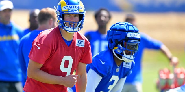 Matthew Stafford #9 of the Los Angeles Rams participates in drills during mini camp on June 7, 2022 at the team's facility at California Lutheran University in Thousand Oaks, California.