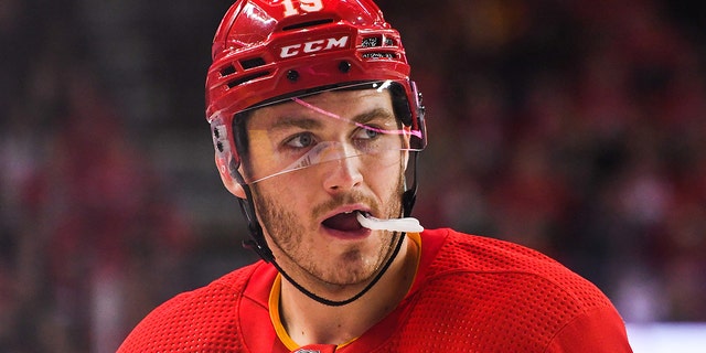 Matthew Tkachuk #19 of the Calgary Flames in action against the Detroit Red Wings during the third period of an NHL game at the Scotiabank Saddledome on March 12, 2022 in Calgary, Alberta, Canada.