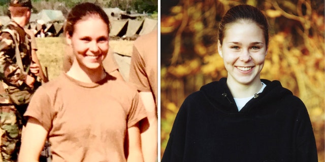 Left: Maura Murray in military workout gear at West Point in 2000. Right: Maura Murray smiling in a black sweatshirt.