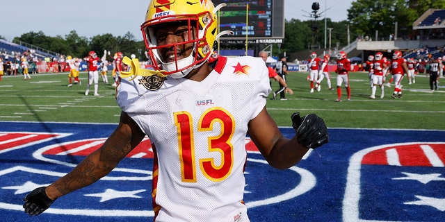 Philadelphia Stars wide receiver Maurice Alexander celebrates after returning a punt 87 yards for the game-winning touchdown during a USFL playoff game against the New Jersey Generals June 25, 2022, at Tom Benson Hall of Fame Stadium in Canton, 오하이오.