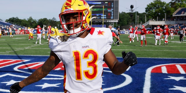 Philadelphia Stars wide receiver Maurice Alexander celebrates after returning a punt 87 yards for the game-winning touchdown during a USFL playoff game against the New Jersey Generals June 25, 2022, at Tom Benson Hall of Fame Stadium in Canton, Ohio.