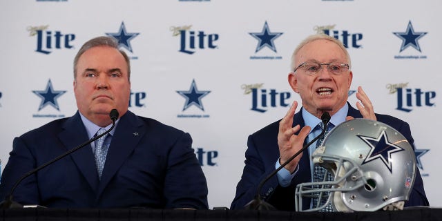 Head coach Mike McCarthy, of the Dallas Cowboys, and Dallas Cowboys owner Jerry Jones talk with the media during a press conference at the Ford Center at The Star on January 08, 2020 in Frisco, Texas.