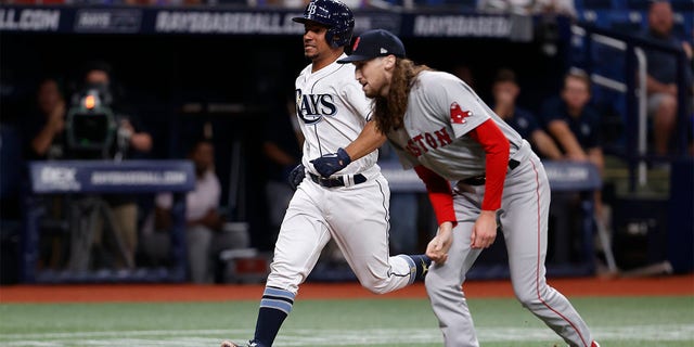 Francisco Mejia of the Tampa Bay Rays overtook Boston Red Sox pitcher Matt Strahm in six innings of a baseball game in St. Petersburg, Florida, on Tuesday, July 12, 2022. 
