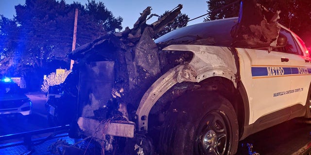 The front end of the Metro Nashville Police Department cruiser was destroyed in the flames.