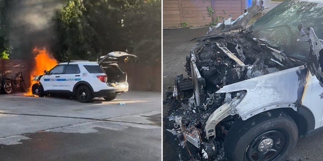 A 14-year-old told officers that he tossed a firework on the property, which set the police car on fire, authorities said.