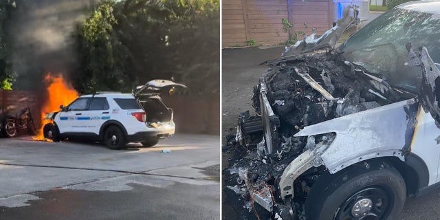 A 14-year-old told officers that he tossed a firework on the property, which set the police car on fire, authorities said.