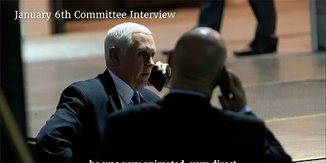 This exhibit from video released by the House Select Committee, shows a photo of Vice President Mike Pence talking on the phone from his secure loading dock location, displayed at a hearing by the House select committee investigating the Jan. 6 attack on the U.S. Capitol, Thursday, July 21, 2022, on Capitol Hill in Washington.