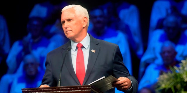 Former Vice President Mike Pence concludes his speech at Florence Baptist Temple Wednesday, July 20, 2022, in Florence, SC As he continues to mull a 2024 presidential run, Pence made his third visit to early-voting South Carolina in as many months to give remarks on "the post-Roe world."