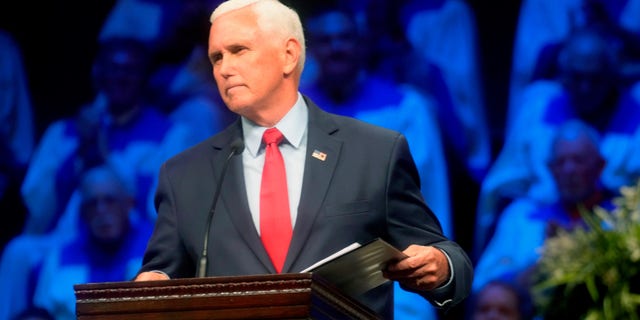 Former Vice President Mike Pence concludes his speech at Florence Baptist Temple Wednesday, July 20, 2022, in Florence, S.C. As he continues to mull a 2024 presidential run, Pence made his third visit to early-voting South Carolina in as many months to give remarks on "the post-Roe world."