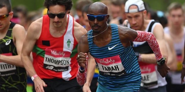 Mo Farah at the start of the men's elite race during the Vitality London 10,000m Road Race on May 2, 2022 in London, England.