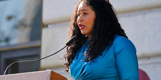San Francisco Mayor London Breed speaks at a briefing outside San Francisco City Hall on December 12.  1, 2021. 