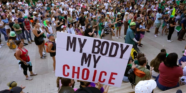 FILE - Demonstrators gather at the federal courthouse in Austin, Texas, following the Supreme Court's decision to overturn Roe v. Wade, on June 24, 2022.