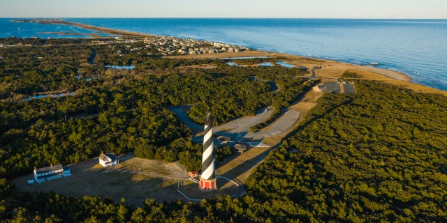 Drone view of Cape Hatteras Light lighthouse, Outer Banks in the town of Buxton, North Carolina, Cape Hatteras National Seashore.