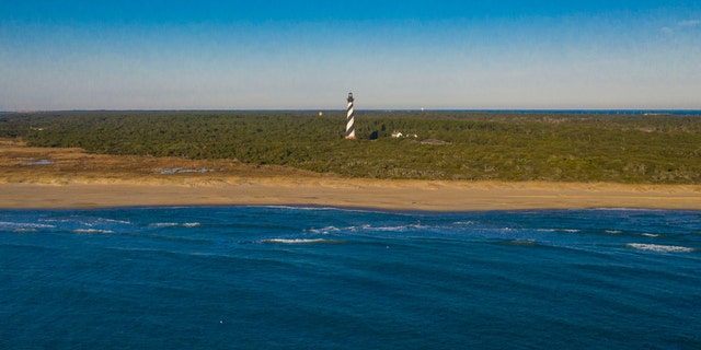 Drone view of Cape Hatteras Light lighthouse, Outer Banks in the town of Buxton, North Carolina, Cape Hatteras National Seashore. 