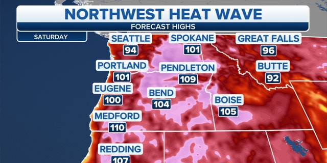 Forecast high temperatures on Saturday in the Northwest