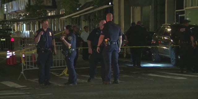 Two robbery suspects in Manhattan in New York City opened fire on police, who fired back before the suspects fled in a sedan, Friday, July 29, 2022, the NYPD said.