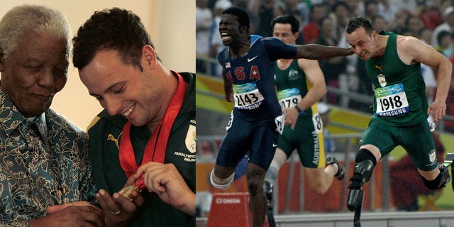 A photo combination of Oscar Pistorius showing Nelson Mandela the medals he won at the Beijing 2008 Paralympic Games. On the right, Pistorius competes in the 2008 Paralympic Games.