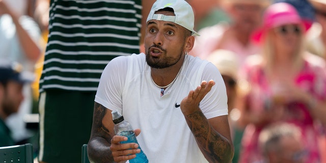 Jul 10, 2022: Nick Kyrgios (AUS) reacts to his box during the men’s final against Novak Djokovic (not pictured) on day 14 at All England Lawn Tennis and Croquet Club.