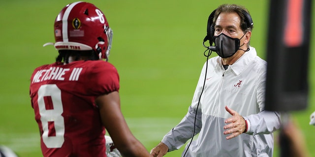 Alabama Crimson Tide head coach Nick Saban during the CFP National Championship game between Alabama Crimson Tide and Ohio State Backeyes at Hard Rock Stadium in Miami Gardens on January 11, 2021. Say hello to John Metchy III, # 8, who is a wide receiver of.  ..