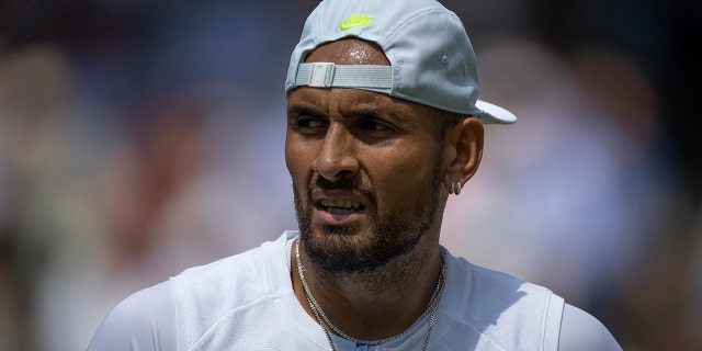 Nick Kyrgios, of Australia, during his match against Brandon Nakashima, of  the United States of America, during their Men's Singles Fourth Round match on day eight of The Championships Wimbledon 2022 at All England Lawn Tennis and Croquet Club on July 04, 2022 in London, England.