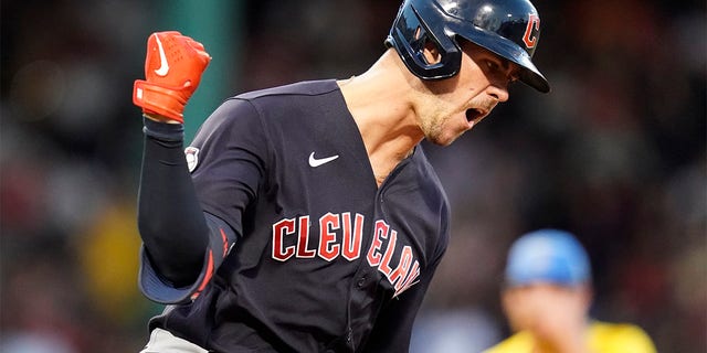 Cleveland Guardians' Nolan Jones pumps his fist while celebrating on his three-run home run off Boston Red Sox starting pitcher Josh Winckowski during the third inning during a baseball game at Fenway Park, Tuesday, July 26, 2022, in Boston. 