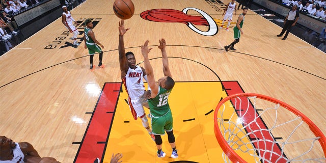 Miami Heat's Victor Oladipo #4 shoots the ball against the Boston Celtics in Game 7 of the 2022 NBA Playoff Eastern Conference Finals on May 29, 2022 at FTX Arena in Miami, Florida.