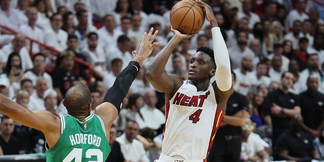 Victor Oladipo # 4 of the Miami Heat against the Boston Celtics during Round 7 of the Eastern Conference Finals at the FTX Arena on May 29, 2022 in Miami, Florida. 